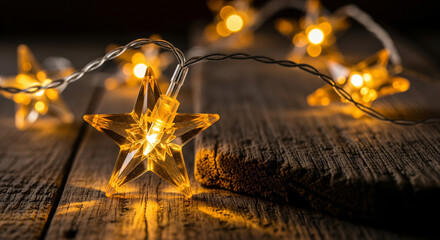 A macro photo of a glowing christmas star light garland on a rustic wooden surface with bokeh lights in the background