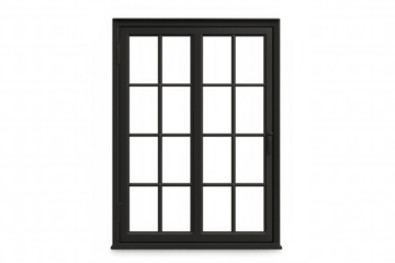 Black casement window with muntins, classic architectural element, isolated object on transparent background