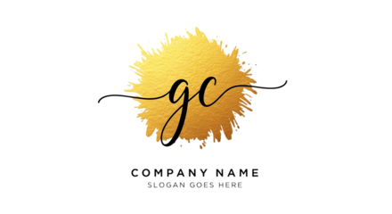 Ultra highresolution, professional studio photography of illustration of gold brush stroke with handwritten letters gc and company name text, isolated on transparent background