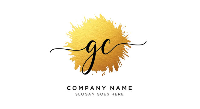 Ultra highresolution, professional studio photography of illustration of gold brush stroke with handwritten letters gc and company name text, isolated on transparent background