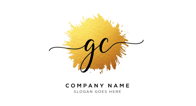 Ultra highresolution, professional studio photography of illustration of gold brush stroke with handwritten letters gc and company name text, isolated on transparent background