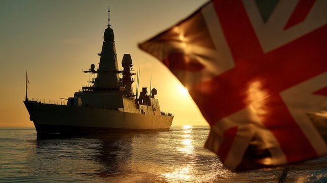 Powerful British Royal Navy warship silhouetted against golden sunset at sea with Union Jack flag waving in foreground, portraying national pride and maritime defense strength in calm waters - Powered by Adobe