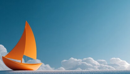 Bright Orange Sailboat Against Blue Sky and Clouds