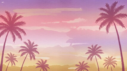 Minimal pastel palm trees on pink sky background, summer tropical illustration