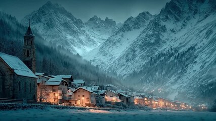 Snow covered village with church and mountains at dusk in winter season - Powered by Adobe