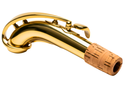 Close-up of a golden saxophone neck with the octave key mechanism on a transparent background