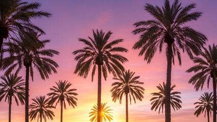 Colorful sunset with palm trees, warm tropical beach vacation background
