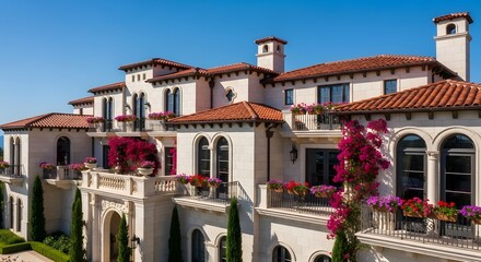 Luxurious mediterranean villa with terraces and blooming flowers