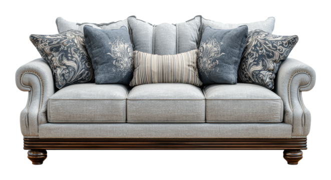 Elegant living room sofa with decorative pillows modern home furniture isolated on transparent background