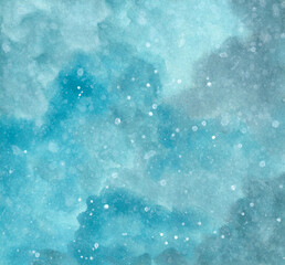Watercolor painting nature background of gradient blue sky with  snow on paper. Winter sky. illustration for sky and cloud. copy space for the text. Hand painted texture style.