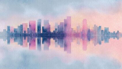 Watercolor cityscape reflected on water, soft colors, hazy