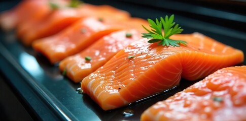 Contaminated Salmon Filets A Close-Up Reveal of Food Safety Risks in Supermarket Display