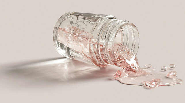 Transparent glass jar tipped over with cosmetic product pouring out