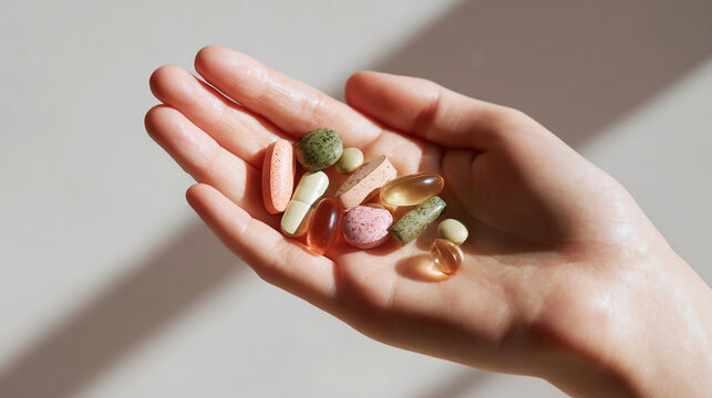 Woman Hand holding the supplements. - Powered by Adobe