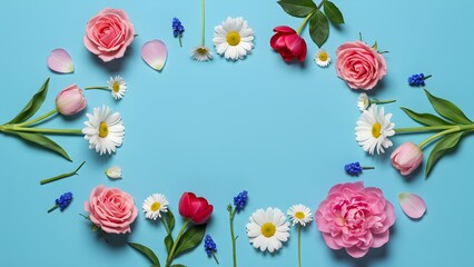 Floral frame with pink roses and tulips on blue background, spring composition