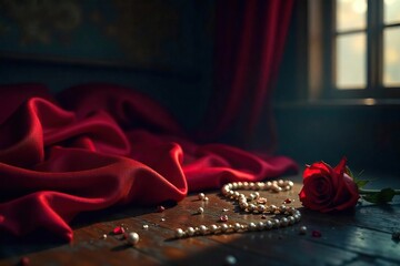 Mysterious Dimly Lit Room Luxurious Fabrics, Scattered Pearls, and a Single Red Rose ? A Scene of Anticipation, Hidden Secrets, and Passionate Desire