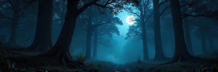 Eerie Moonlight in a Dark Forest Ancient Trees Cast Long Shadows, Creating a Mysterious and Atmospheric Scene Perfect for Fantasy or Horror Backdrop