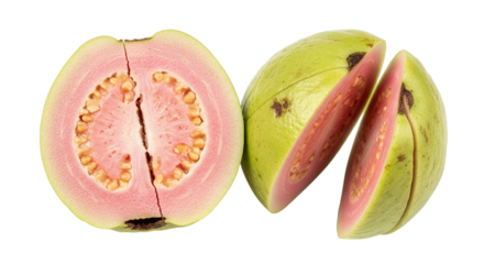 Fresh pink guava fruit cut open showing seeds and flesh