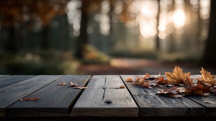 A serene forest scene featuring a wooden table adorned with autumn leaves, illuminated by soft sunlight filtering through the trees.