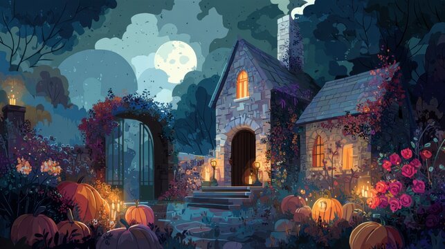 A cozy stone cottage illuminated at night, surrounded by pumpkins and flowers under a full moon