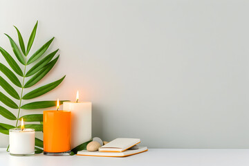 Create a calming atmosphere with burning candles, a lush green leaf, and a journal for mindful reflection and creating a peaceful, relaxing space at home