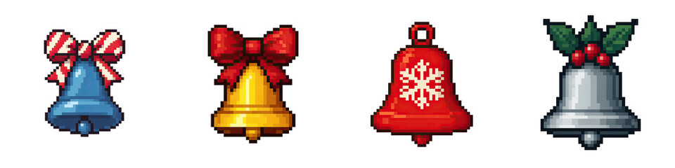 Christmas bell objects pixel art decor with festive bows and holly leaves in holiday style