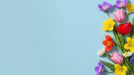 Delicate floral border with tulips and roses on blue pastel background