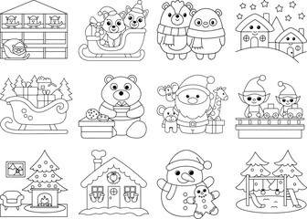 Christmas Coloring Pages with Cute Characters and Festive Scenes Keywords: christmas, coloring, pages, cute, characters, festive, scenes, santa, claus, reindeer, elf, snowman, gingerbread, house