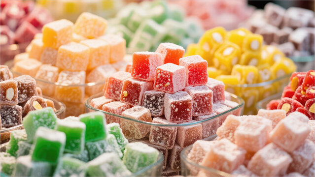 Vibrant Turkish Delight Display: A captivating assortment of colorful Turkish delights, arranged in an eye-pleasing display, their sugary surfaces glistening.