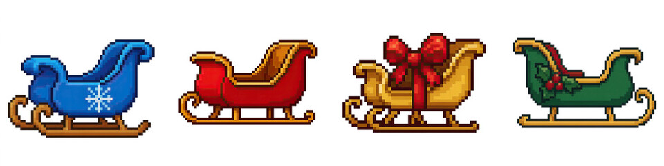 Christmas pixel art objects decor sleighs in blue red gold and green with festive bow and snowflake for holiday celebration