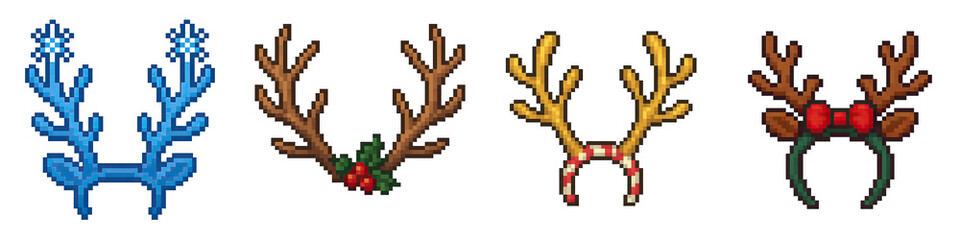 Christmas pixel art objects decor with reindeer antler headbands in various festive styles and colors for holiday celebration