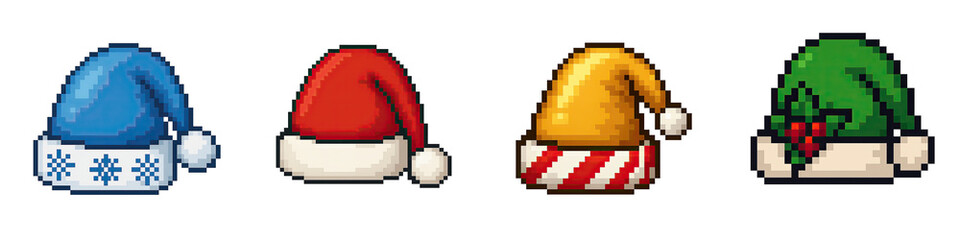 Christmas pixel art objects decor with festive hats in red blue yellow and green style for holiday celebration