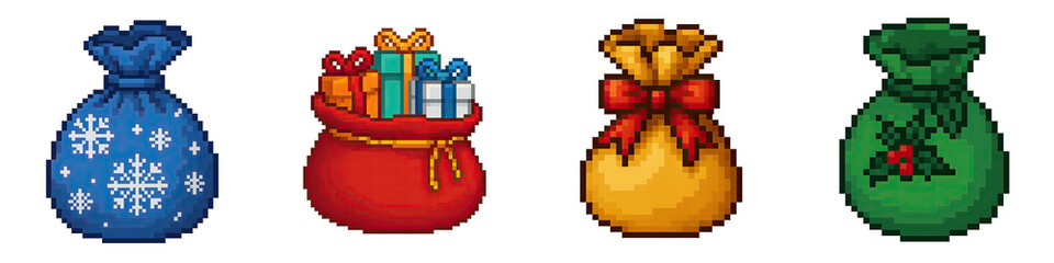 Christmas pixel art decor objects include festive gift bags with snowflake, bow, and holly designs in vibrant colors