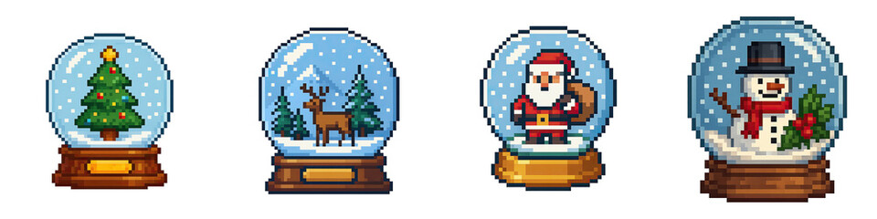 Christmas pixel art objects decor with snow globe featuring tree, reindeer, Santa, and snowman creating festive holiday joy