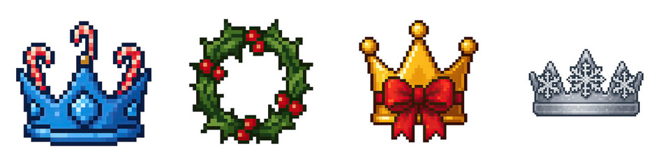 Christmas pixel art objects decor include crowns and wreath with festive colors and joyful holiday spirit