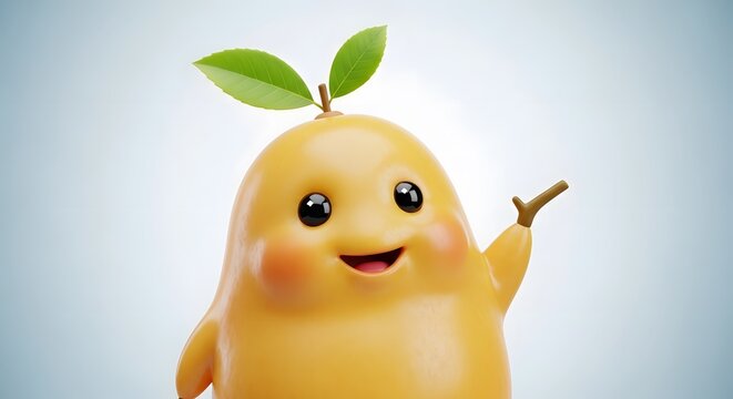 A cheerful and adorable cartoon lychee fruit character, a cute mascot with a happy smiling face, standing in a bright, minimalist tropical setting