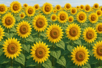 Obraz premium Bright yellow sunflowers blooming in a vast field under clear blue sky with soft natural light in a peaceful and warm summer background setting. Ai generative