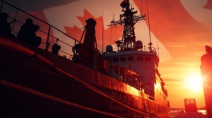Powerful Canadian naval vessel silhouetted against dramatic sunset with maple leaf flag projection, showcasing military maritime strength at sea during golden hour