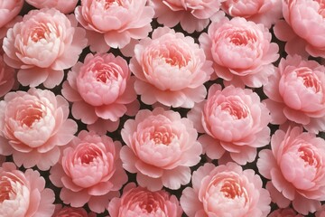 Fototapeta premium Soft pink peony flowers in full bloom arranged in seamless pattern, delicate petals forming elegant floral background with natural light glow. Ai generative