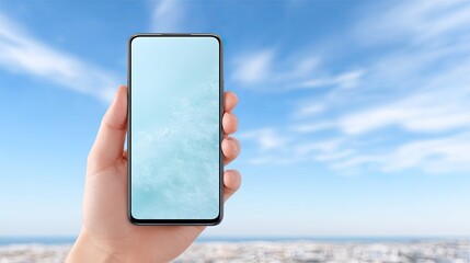 Hand Holding Smartphone Against Sky with Clouds and Cityscape, Focus on Mobile Device Screen Reflecting Sky Blue Color, Clean Presentation Style