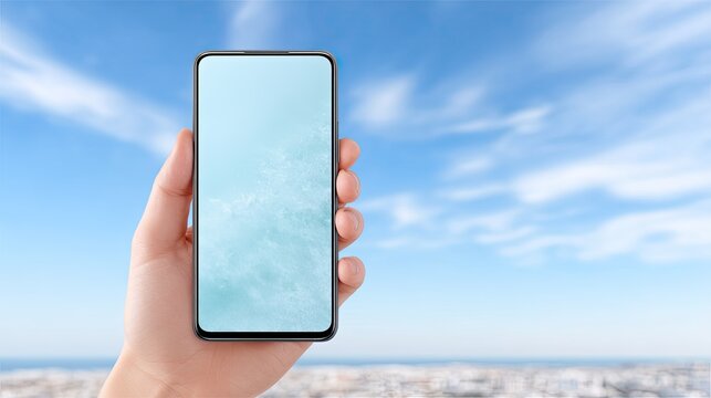 Hand Holding Smartphone Against Sky with Clouds and Cityscape, Focus on Mobile Device Screen Reflecting Sky Blue Color, Clean Presentation Style - Powered by Adobe