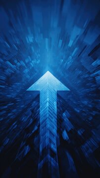 A glowing blue arrow pointing upward through a dynamic, abstract tunnel of light and motion.