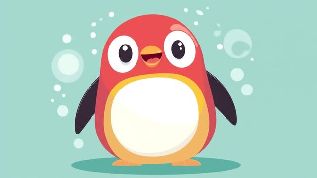 Cheerful cartoon penguin with bubbles on a soft blue green background