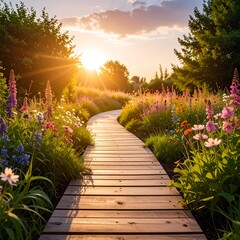 Fototapeta premium Wooden Pathway Through a Vibrant Flower Garden at Sunset