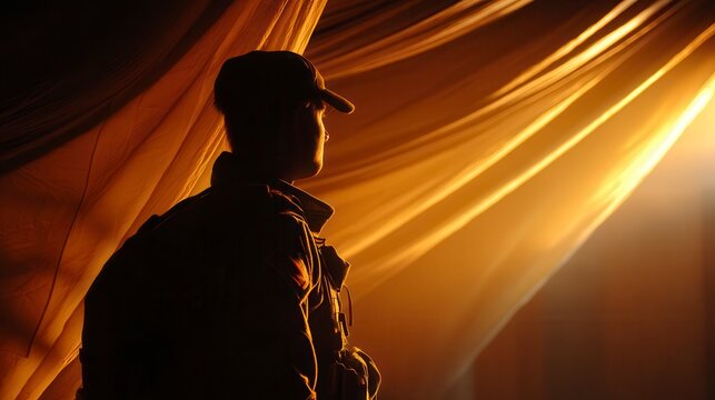 Contemplative person in cap standing in silhouette against dramatic golden light beams streaming through fabric, creating atmospheric mood in dark setting