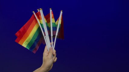 Caucasian man's hand holding multiple rainbow pride flags against a clear blue background, symbolizing lgbtq celebration and diversity in a vibrant, isolated setting.