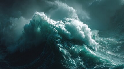 Fototapeta na wymiar Massive ocean wave crashing under stormy sky with turbulent waters and foamy crest