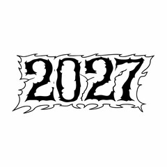 2027 Number in Jagged Black Outline Font with Flames on White Background Keywords: 2027, year, number, typography, font, text, lettering, black, white, outline, jagged, sharp, flame, fire