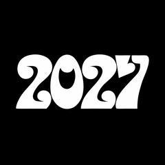 White retro-style bubbly font spelling out the year 2027 on a black background future groovy