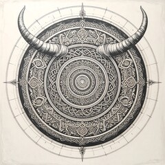 Ornate circular design with horns